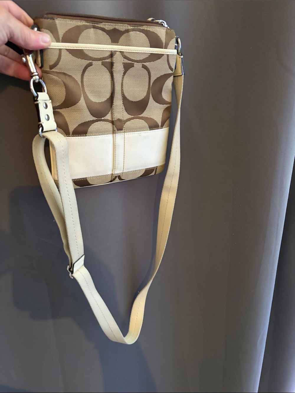Coach Khaki and Chalk Signature Crossbody with Leather Trim